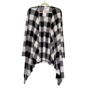 Pink Coconut Boutique Cardigan Women Medium Black White Buffalo Plaid Draped Hem